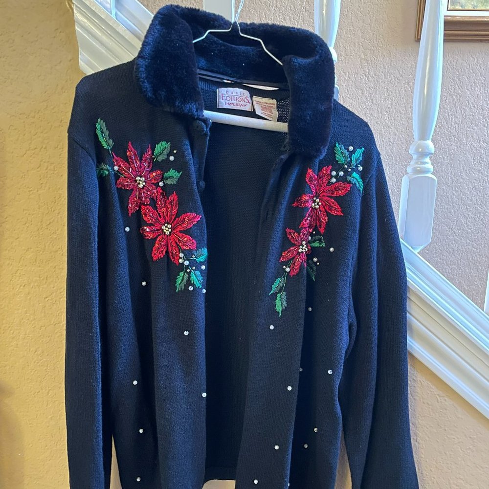 Basic Editions Holiday Poinsettias Sweater XL